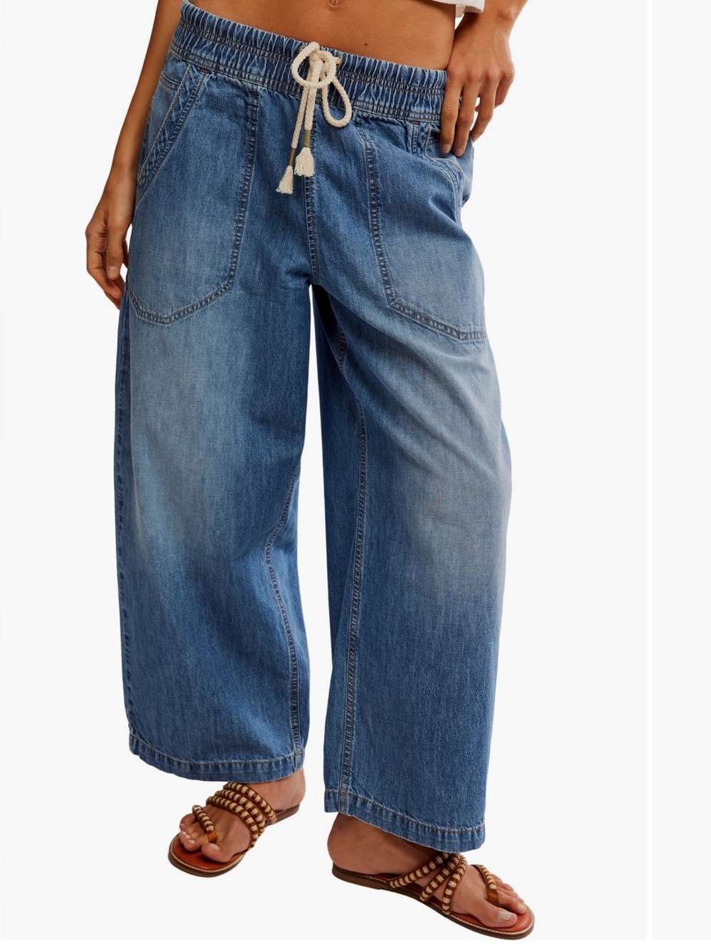 FP Easy Peasy Wide Leg Mid Rise Denim Drawstring XS